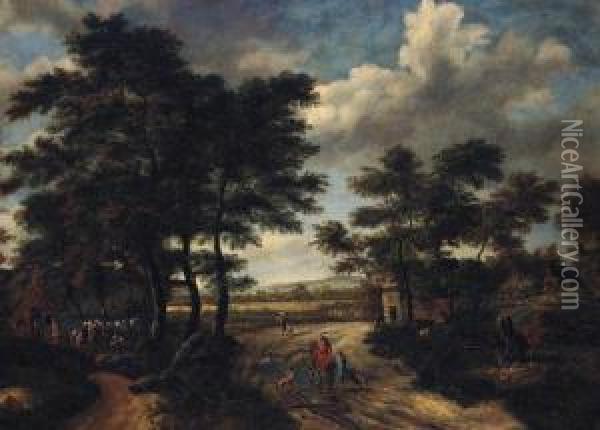 A Wooded Landscape With A Hamlet And Travellers On A Track Oil Painting - Salomon Rombouts