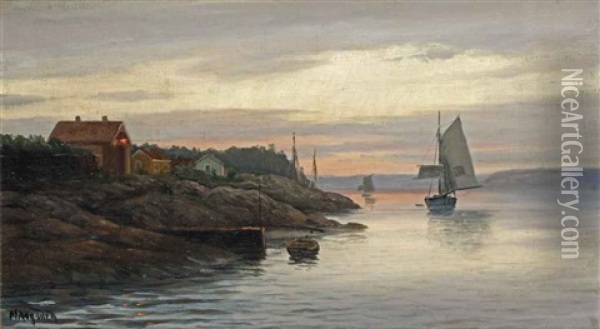 Setting Sail From The Fjords At Sunset Oil Painting - Zackarais Martin Aagaard