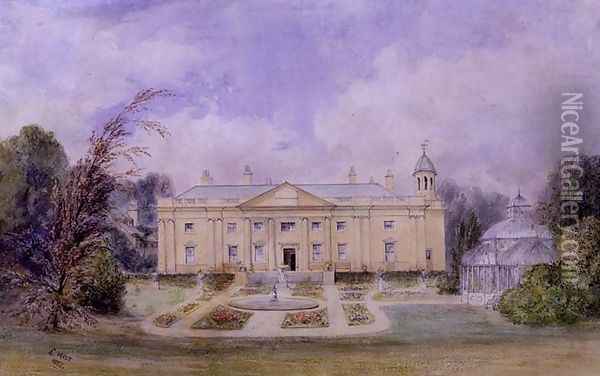 A Classical Country House with Formal Garden and Conservatory, 1857 Oil Painting - Edward West