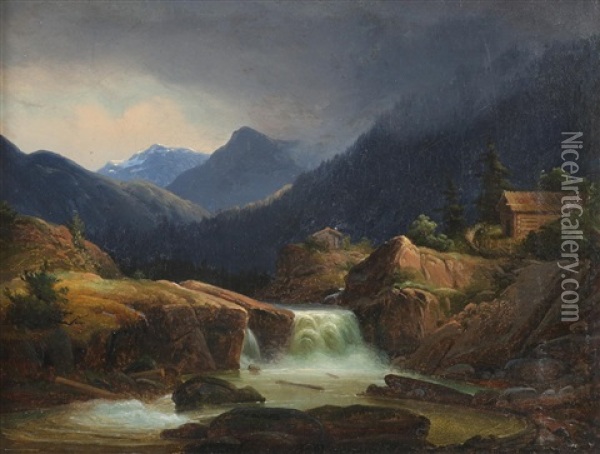 Landskap Med Foss Oil Painting - Gustav Adolph Mordt