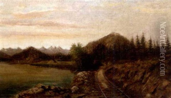 Western Landscape With Train Rounding The Bend Of A Lake Oil Painting - Ralph Earl Decamp