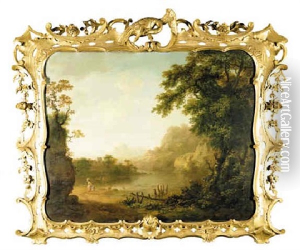An Italianate Wooded River Landscape With Figures In The Foreground And A Village Beyond Oil Painting - George Barret