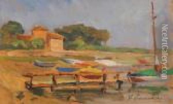 Porticciolo Con Barche Oil Painting - Giuseppe Pennasilico