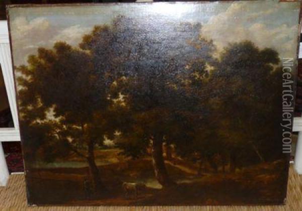 Figure And A Cow In A Wooded Landscape Oil Painting - Anthonie Waterloo