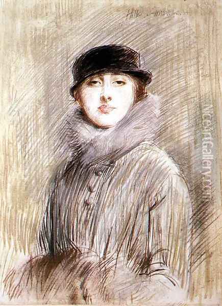 Portrait of a Lady with a Fur Collar and Muff Oil Painting - Paul Cesar Helleu