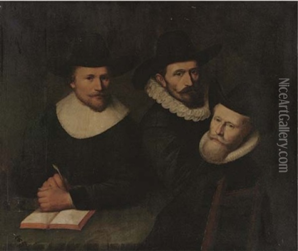 Portrait Of Three Gentlemen, Seated, Half-length, At A Table Oil Painting - Thomas De Keyser
