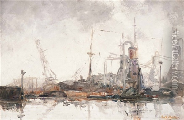 Study Of The Rotterdam Harbour Oil Painting - August Willem van Voorden