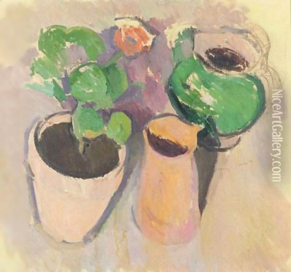 Still Life With Flower Pot And Vases Oil Painting - Patrick Henry Bruce