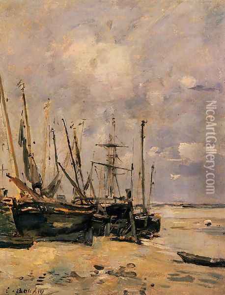 Boats at the Beach at Low Tide Oil Painting - Eugene Boudin