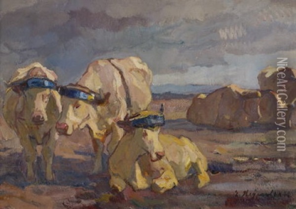 Rinder Auf Dem Acker Oil Painting - Emanuel Hegenbarth