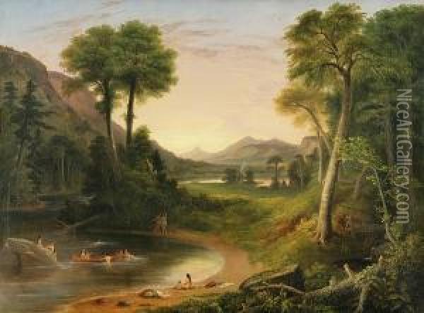 Indians Bathing - A Scene From New England Oil Painting - Henry Cheever(s) Pratt