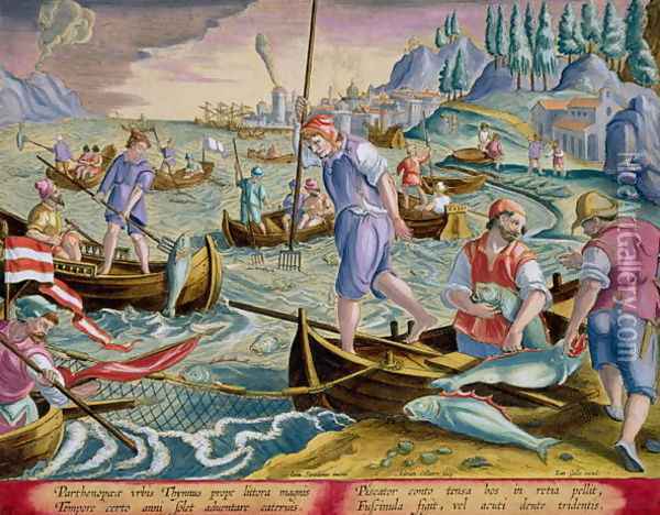 Fishing with Nets and Tridents in the Bay of Naples, plate 89 from 'Venationes Ferarum, Avium, Piscium Of Hunting Wild Beasts, Birds, Fish engraved by Jan Collaert 1566-1628 published by Phillipus Gallaeus of Amsterdam Oil Painting - Giovanni Stradano