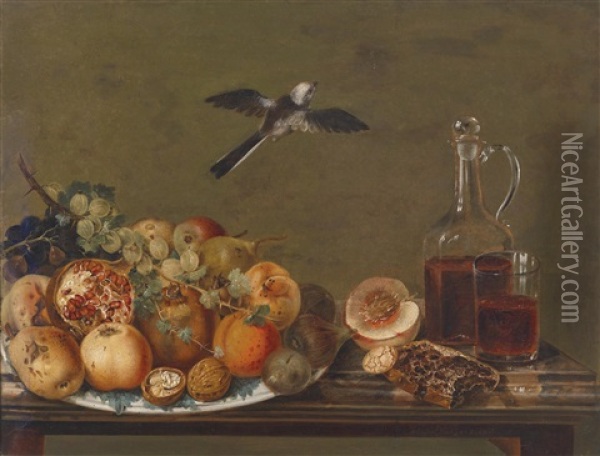 Stillleben Mit Feigen Und Apfel, Granatapfel Und Stachelbeeren Oil Painting - Johann Matthias Wurzer