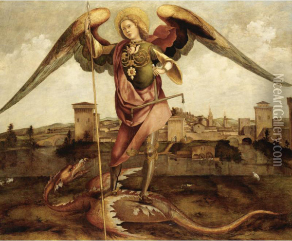 L'arcangelo Michele, Una Citta Sullo Sfondo Oil Painting - Lazzaro Bastiani