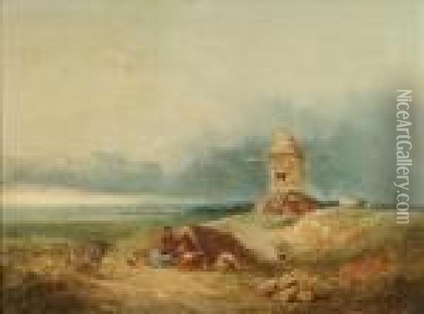 A Gypsyencampment By A Windmill On A Heath Oil Painting - William James Muller