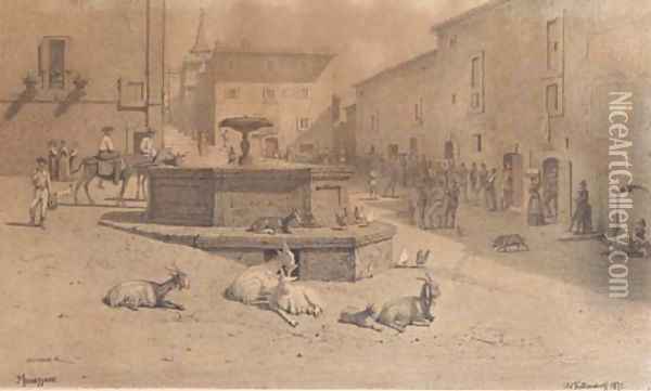The square at Genazzano, with goats at a fountain Oil Painting - Johann Adolf Kittendorf