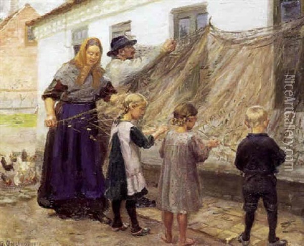 Fiskegarnene Redes - Fiskerfamilie I Faerd Med At Ordne Garn Foran Huset Oil Painting - Anna Kirstine Ancher