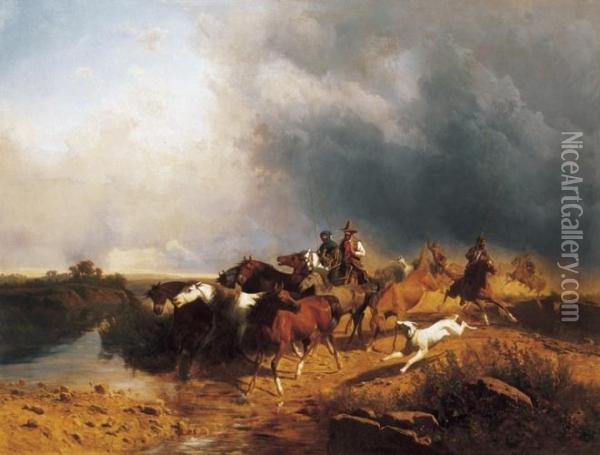 Italian Landscape With Riding Horses Oil Painting - Andras Markos