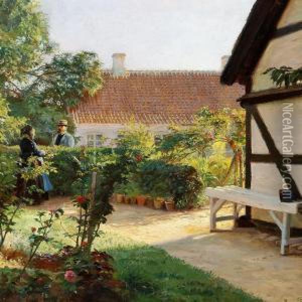 A Conversation In The Garden Oil Painting - Tom Petersen