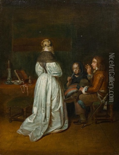 Interior With A Man And Two Women Oil Painting - Gerard ter Borch the Younger