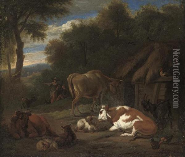 A Wooded Landscape With Cattle And Sheep By A Cottage Oil Painting - Michiel Carre