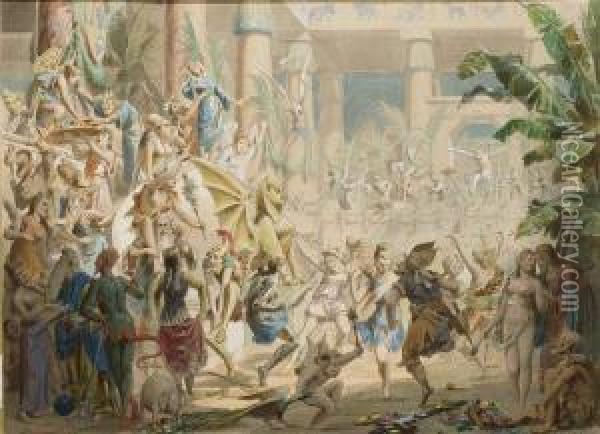 Fete Bacchique En Costume Avec Des Rois, Papes, Et Dieux Oil Painting - B. Colomb Moloch