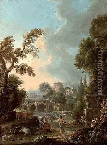 An Italianate river landscape with herdsmen on a path, a fortified tower beyond Oil Painting - Francesco Zuccarelli