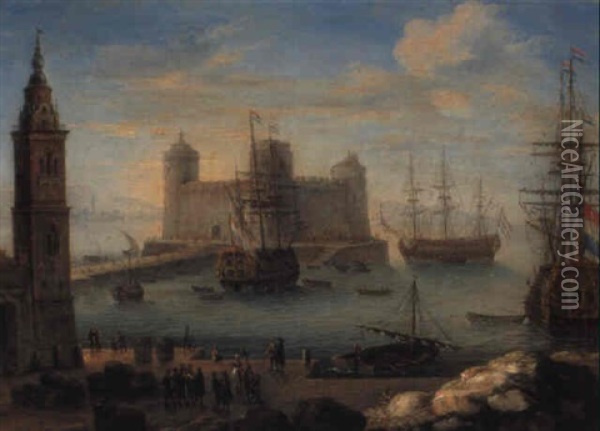 A Mediterranean Port With Men-of-war Moored By A Fortress Oil Painting - Orazio Grevenbroeck