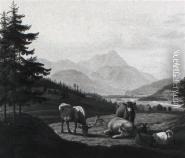 Weidende Kuhe Und Ziegen Im Gebirgstal Oil Painting - Jakob Roedler