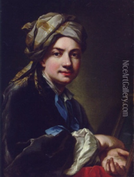 Portrait Of The Artist, In An Embroidered Grey Turban And Dark Grey Coat Oil Painting - Martin van Meytens the Younger