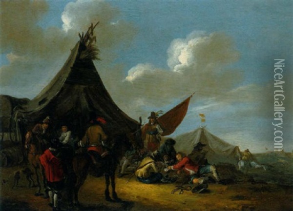 Zeltlager Mit Rastenden Und Karten Spielenden Soldaten Oil Painting - Johann Philipp Lemke