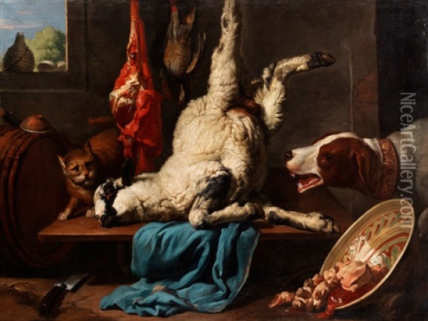 Stilleben Mit Totem Lamm Zwischen Katze Und Hund Oil Painting - Giovanni Francesco Briglia