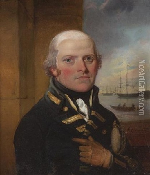 Sir George Murray Wearing Naval Uniform, He Holds His Sword In The Crook Of His Left Arm, Beyond Him An Open Window To A Scene Of Ships And A Rowing Boat Oil Painting - Richard Livesay