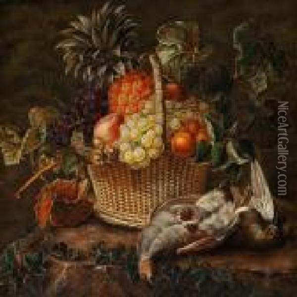 Still Life With Fruit In A Basket And Game Birds Oil Painting - I.L. Jensen
