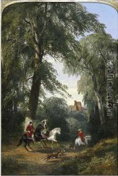 Hunting Party In A Woodland Clearing Oil Painting - Henry Jutsum