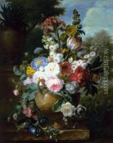 Bouquet De Fleurs Dans Un Vase Pose Sur Un Entablement De Marbre Avec Un Nid D'oiseaux Oil Painting - Cornelis van Spaendonck