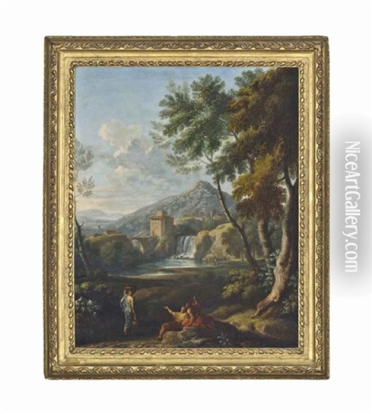 An Italianate River Landscape With Classical Figures Conversing, A Waterfall Beyond Oil Painting - Jan Frans van Bloemen