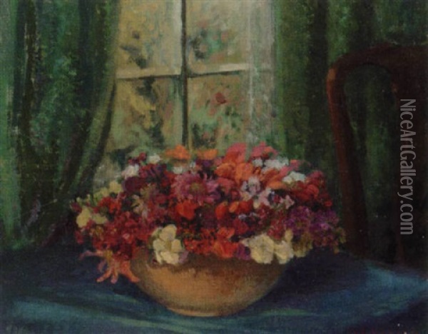 Still Life Of Flowers In Front Of A Window Oil Painting - James Bolivar Manson