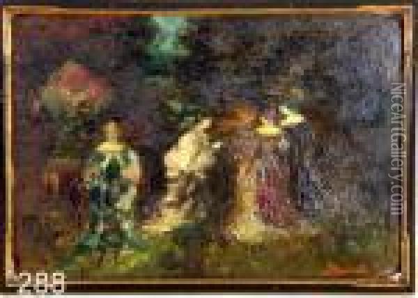 Four Elegant Women In Garden Oil Painting - Adolphe Joseph Th. Monticelli