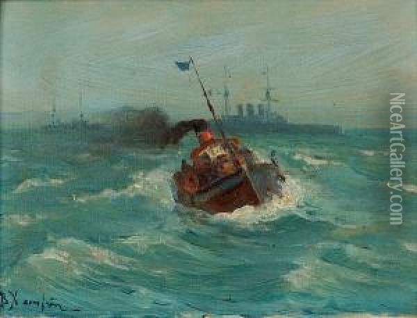 The Battleship Averoff And The Tug-boat Moundros Oil Painting - Vassilios Chatzis