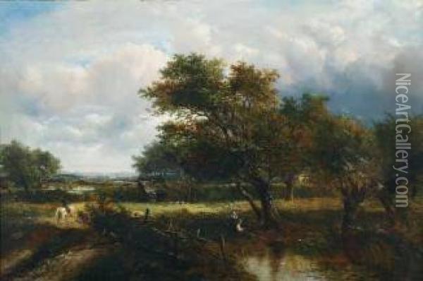 Children Fishing At A Pond In An Extensive Landscape Oil Painting - Joseph Thors