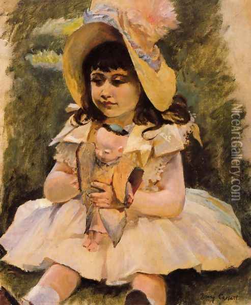 Little Girl With A Japanese Doll Oil Painting - Mary Cassatt