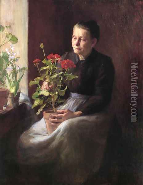 Woman with a Geranium Oil Painting - Caroline Augusta Lord