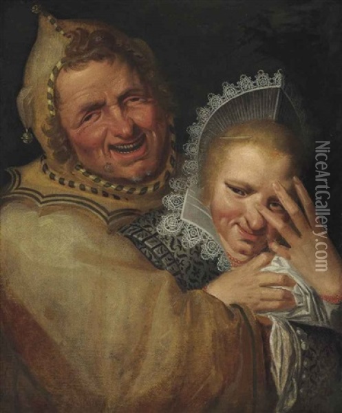 A Jester Embracing A Young Woman Oil Painting - Frans Hals