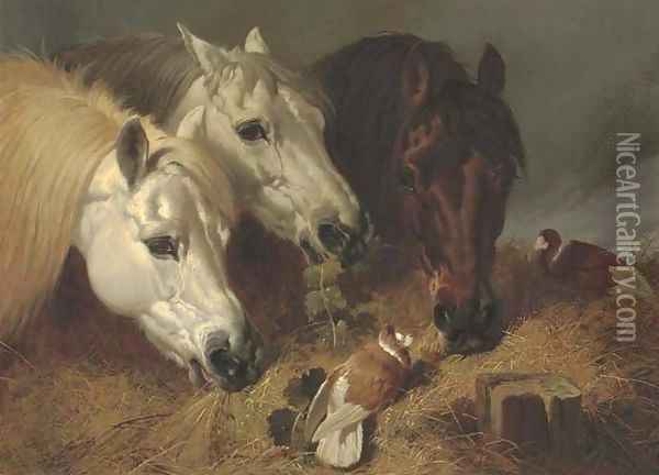 Horses feeding with two ornamental pigeons at a manger Oil Painting - John Frederick Herring Snr