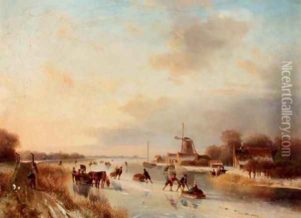 Numerous skaters on a frozen waterway Oil Painting - Nicolaas Johannes Roosenboom