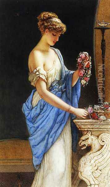 A Girl in Classical Dress Arranging a Garland of Flowers Oil Painting - James Sant