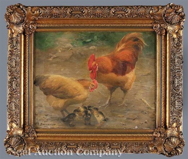 Hen, Rooster And Chicks Oil Painting - Hans Andersen Brendekilde