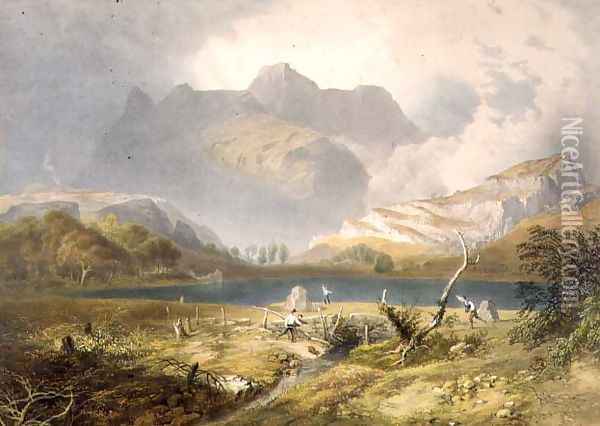 Langdale Pikes, from The English Lake District, 1853 Oil Painting - James Baker Pyne