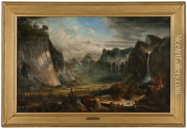 Figures In Yosemite Valley, Bridal Veil Falls Oil Painting - Alfred Jacob Miller